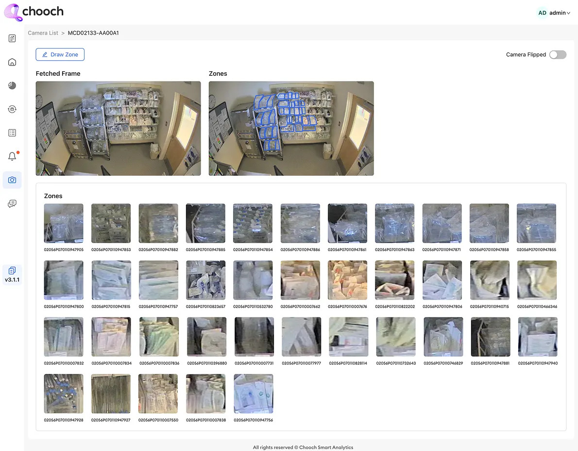 Chooch product interface showing a hospital supply room camera frame divided into monitored shelf zones