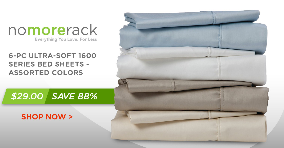 Archived NoMoreRack ad offering a six-piece bed sheet set for $29 with a claimed 88 percent saving
