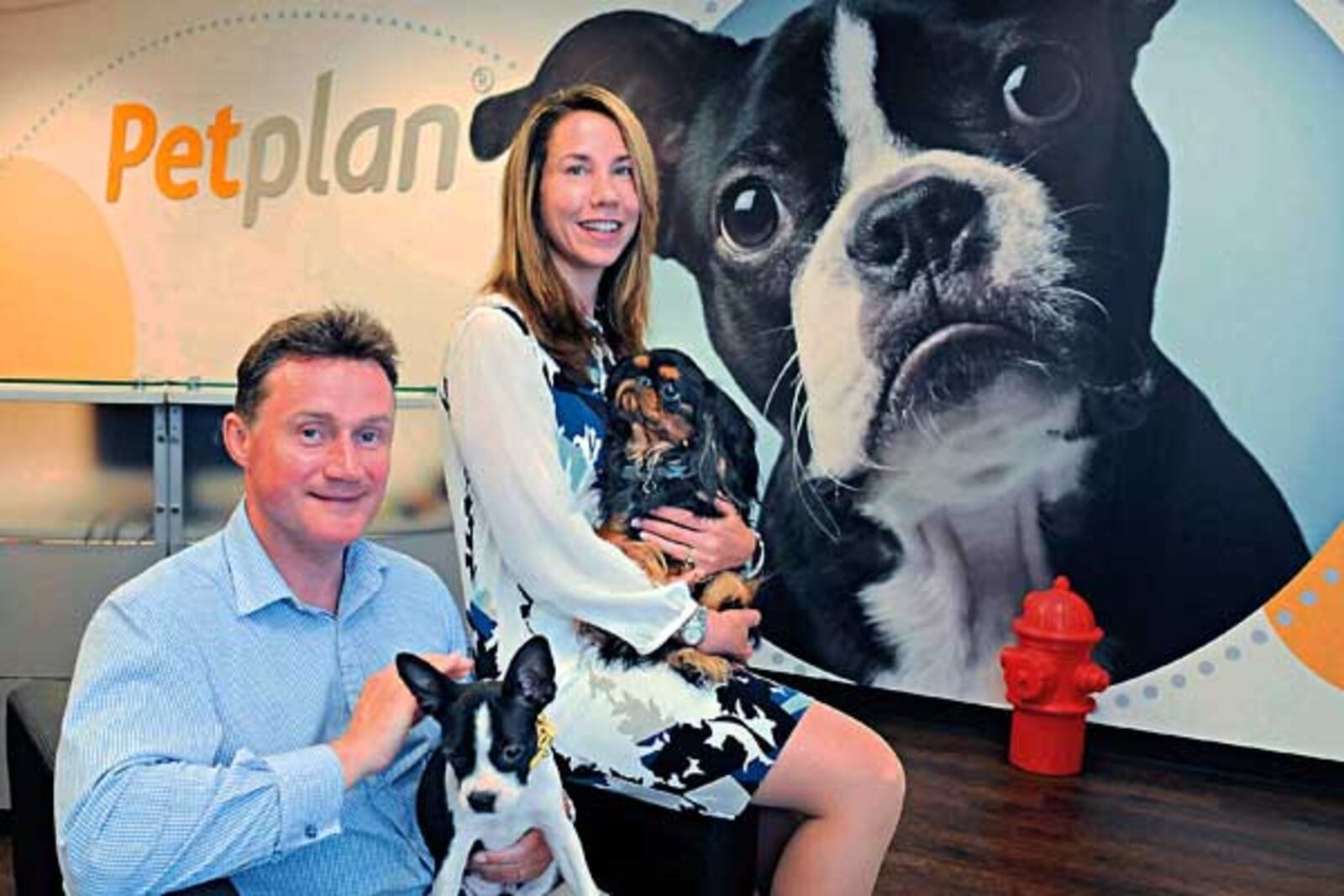 Chris Ashton holding Reggie and Natasha Ashton holding Montgomery at the Petplan office