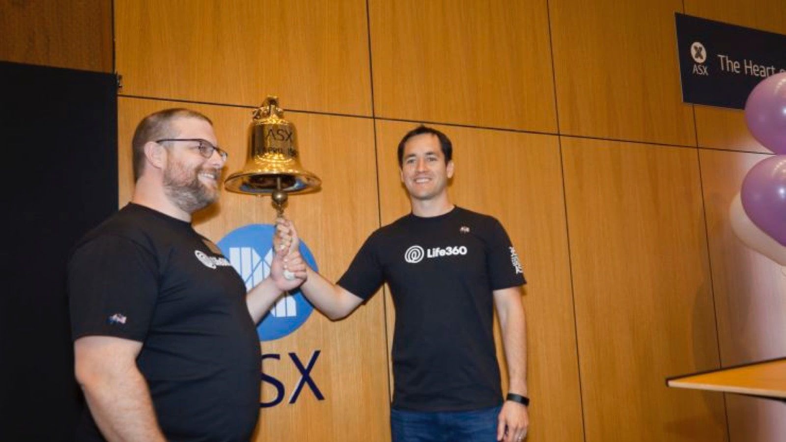 Life360 co-founders at the Australian Securities Exchange bell ceremony, with Chris Hulls on the right