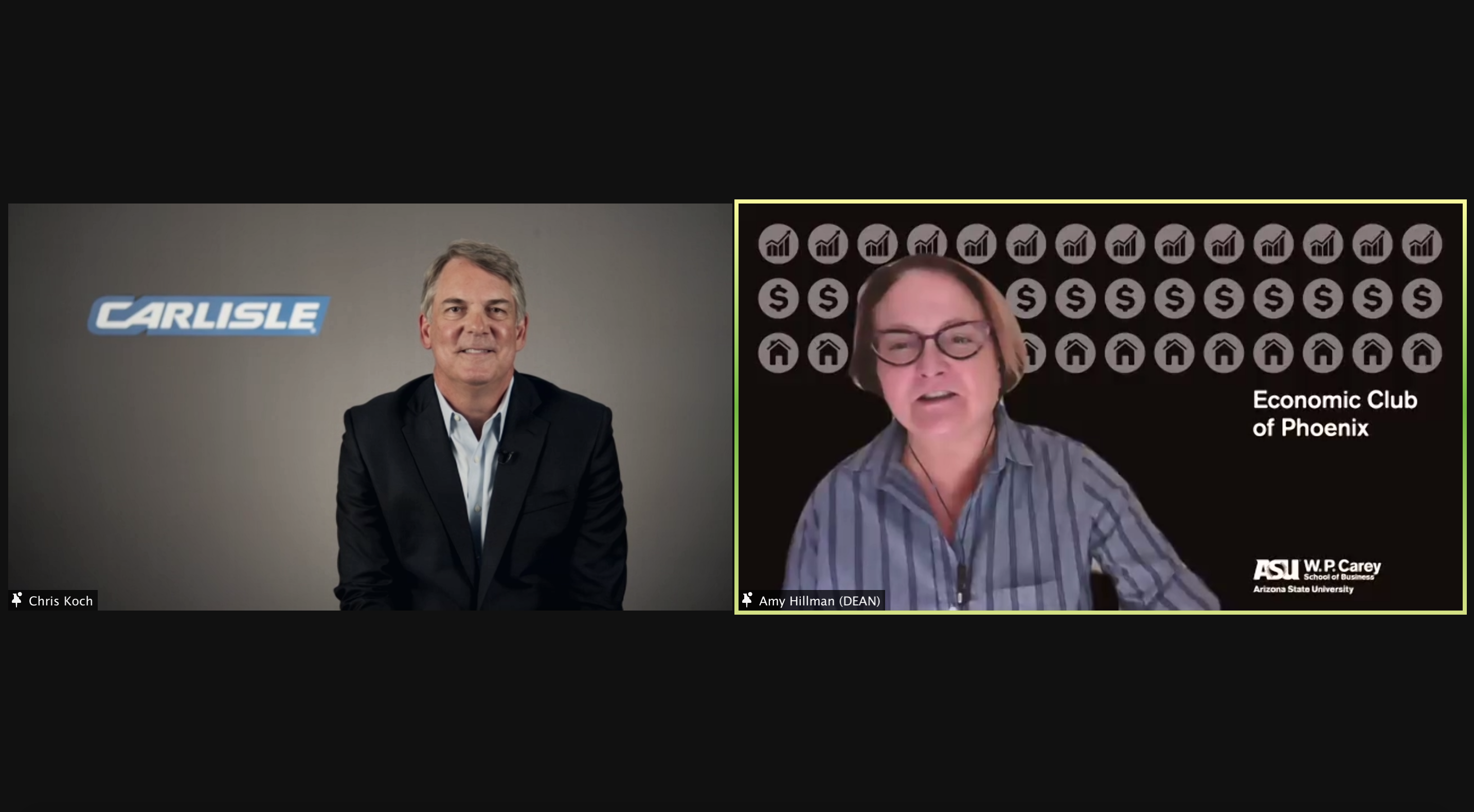 Chris Koch speaking remotely with W. P. Carey School dean Amy Hillman at a 2020 event