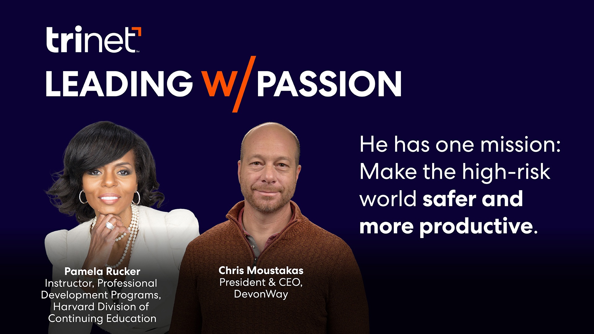 TriNet's Leading with Passion interview artwork featuring Pamela Rucker and Chris Moustakas