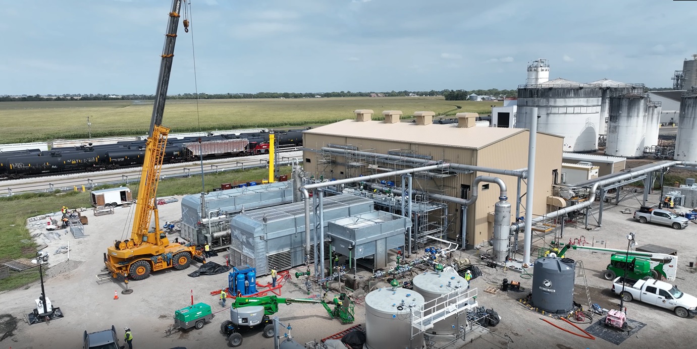 Aerial view of the Wood River carbon-capture compression site in September 2025, with equipment, pipework and industrial buildings