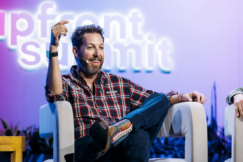 Chris Sacca speaking in a plaid shirt on the Upfront Summit 2026 stage