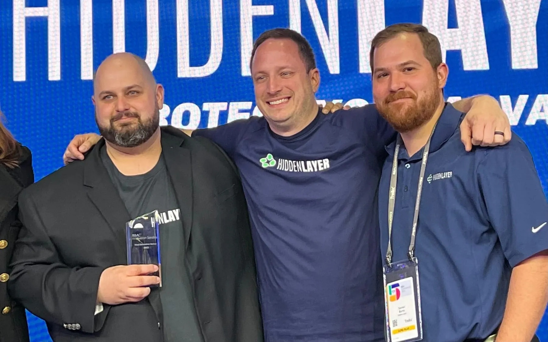 HiddenLayer co-founders Chris Sestito, Jim Ballard and Tanner Burns together after the 2023 RSA Innovation Sandbox