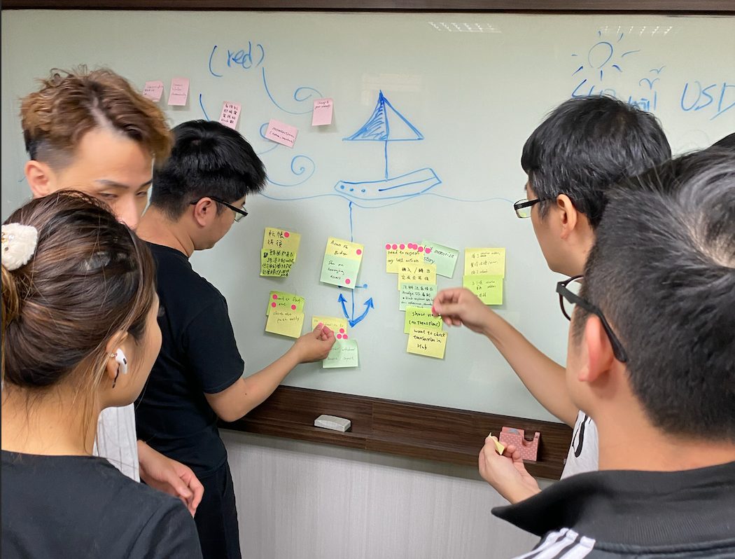 ThunderCore team members working together at a whiteboard covered with sticky notes