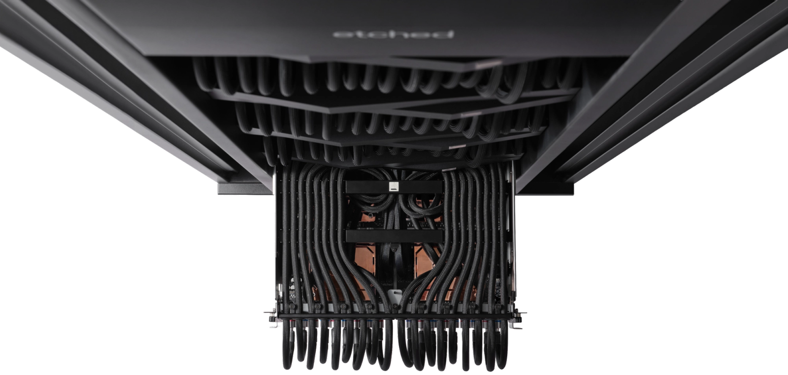 An Etched AI inference rack with rows of computing equipment and cooling hardware
