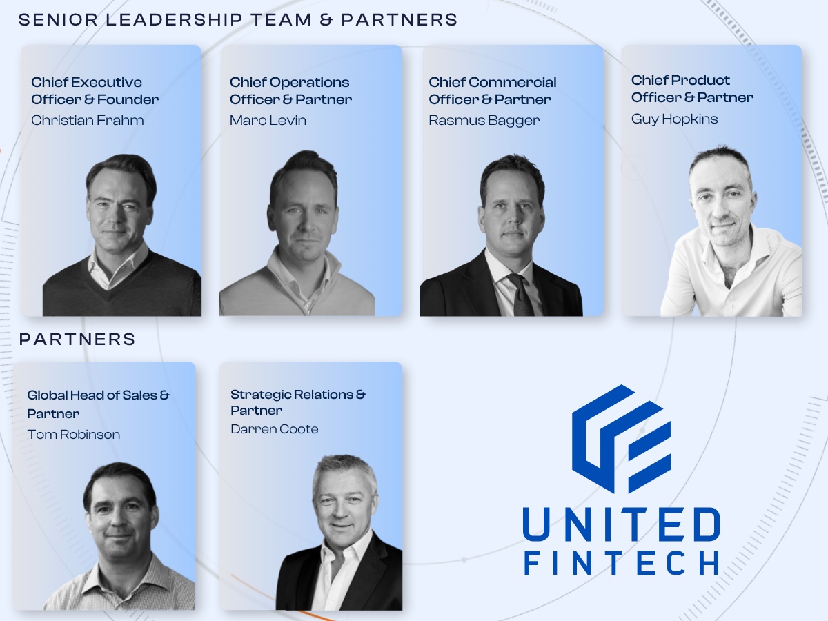 United Fintech's August 2026 announcement showing Christian Frahm, Marc Levin, Rasmus Bagger, Guy Hopkins, Tom Robinson and Darren Coote.