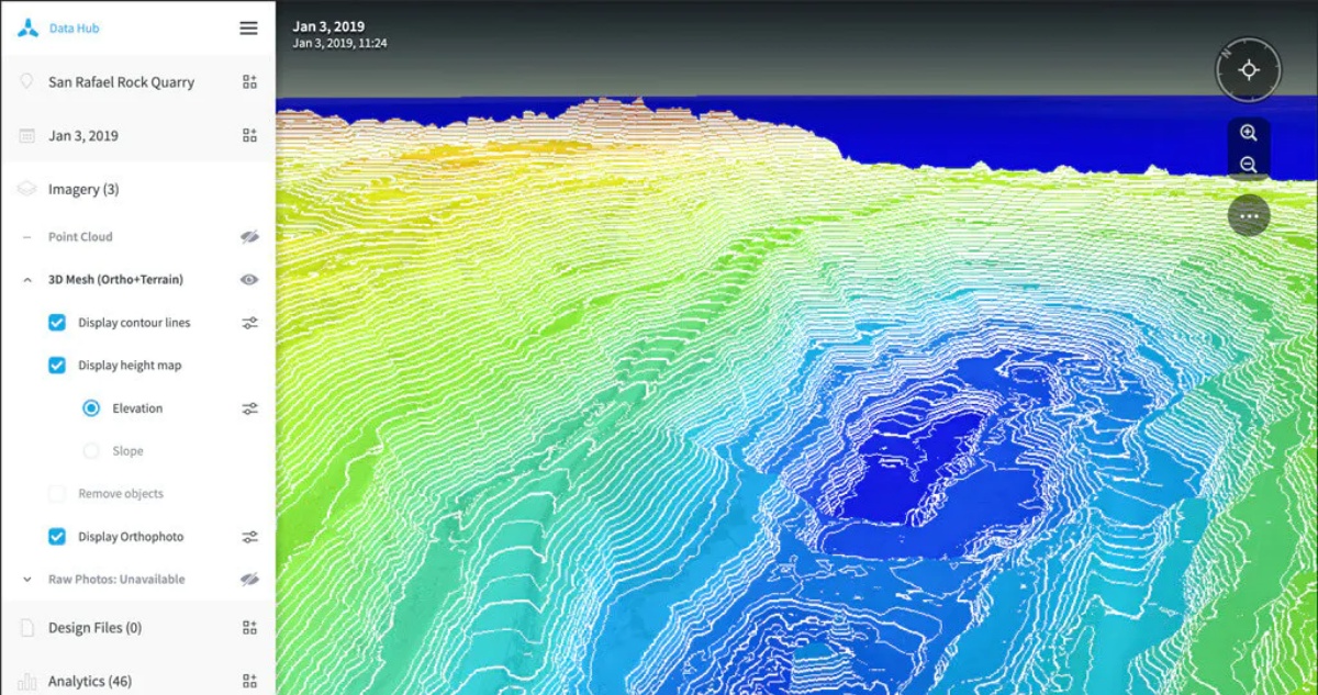 Skycatch Data Hub displaying colorful contour lines and a three-dimensional terrain model
