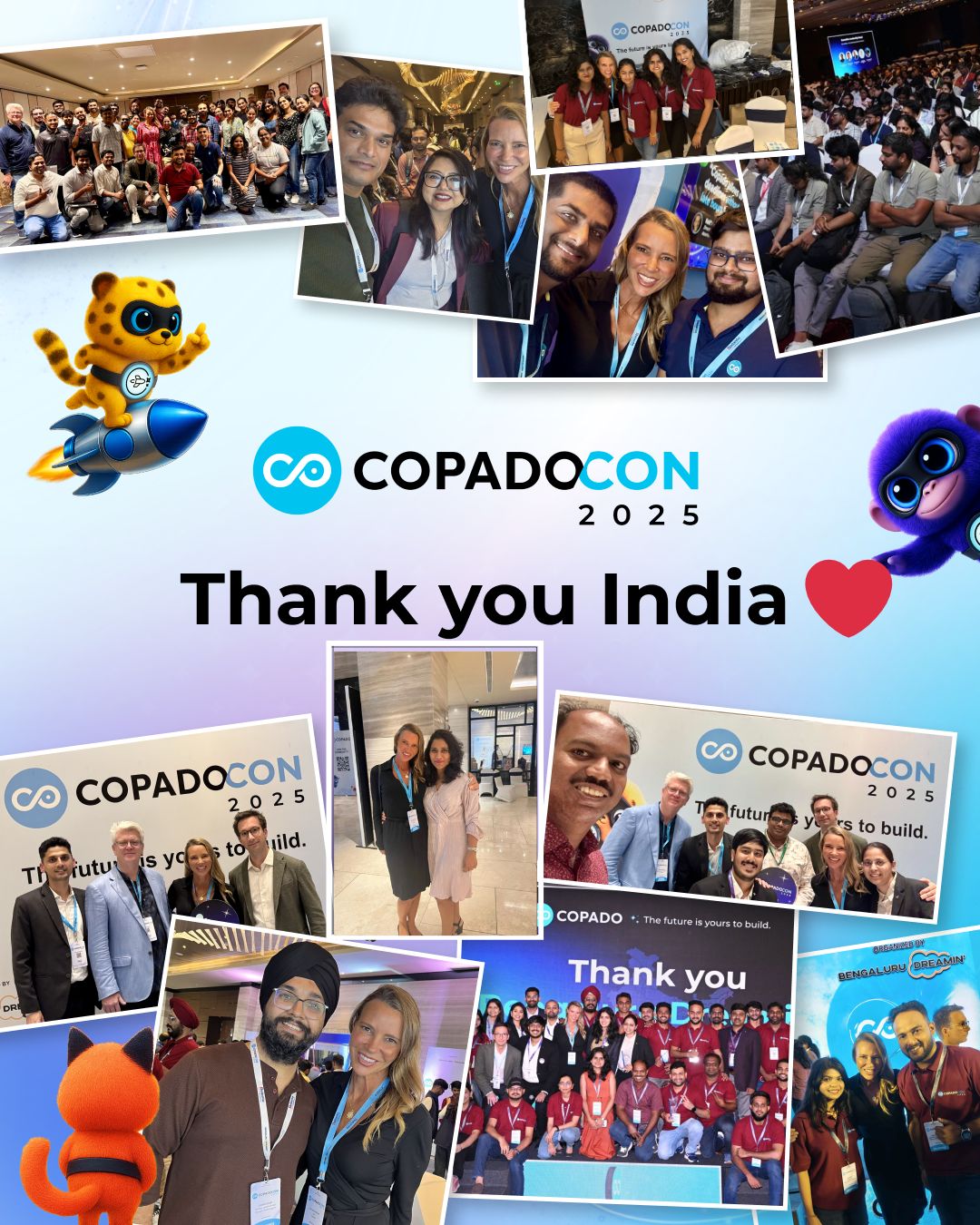 A collage of Christie Marsh with attendees, volunteers and colleagues at CopadoCon India 2025