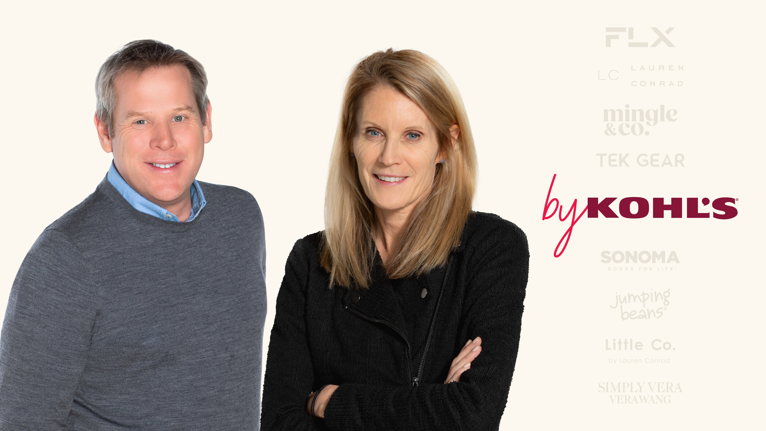 Kohl's executives Nick Jones and Christie Raymond beside the By Kohl's campaign mark and proprietary brand names