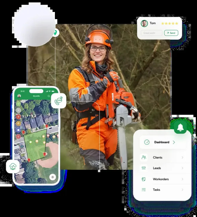 ArboStar marketing composite showing a tree worker beside mobile map and dashboard interfaces