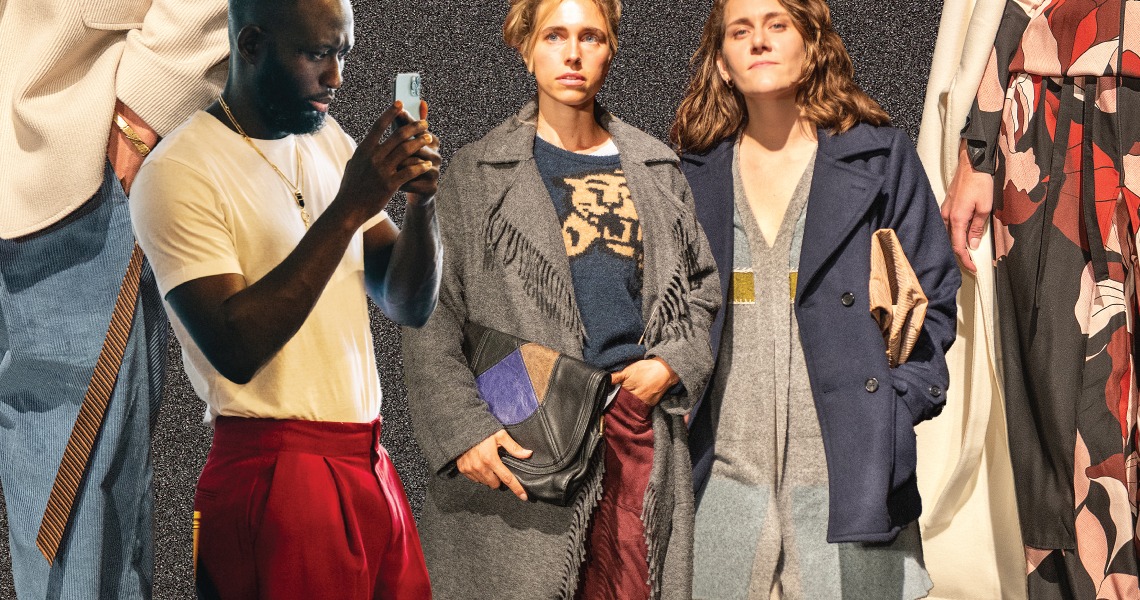 Models and a guest with a phone at Billy Reid's 2024 Shindig fashion presentation