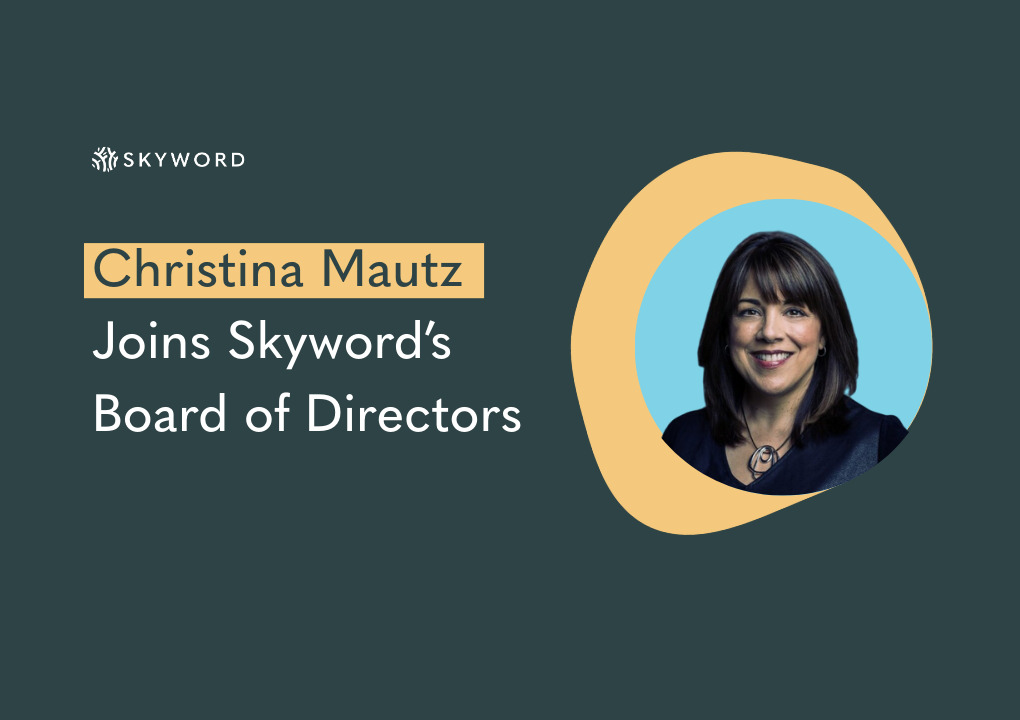 Skyword announcement graphic featuring Christina Mautz and her appointment to its board