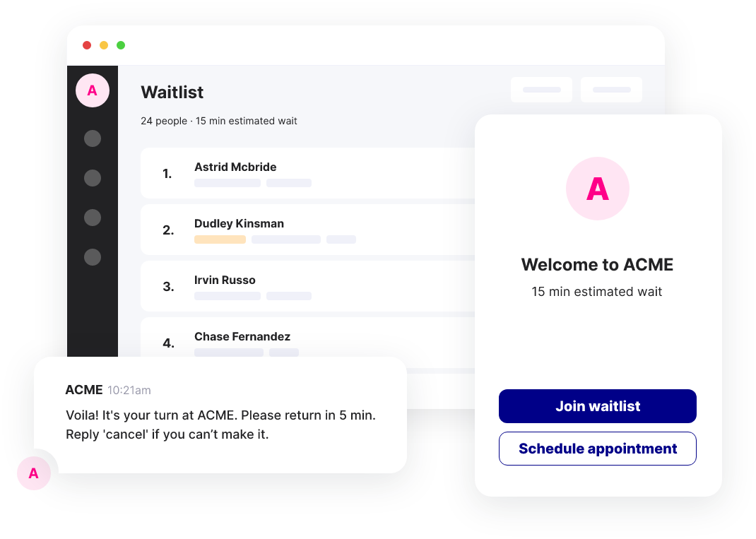 Waitwhile product illustration showing a staff waitlist, guest registration and a return notification