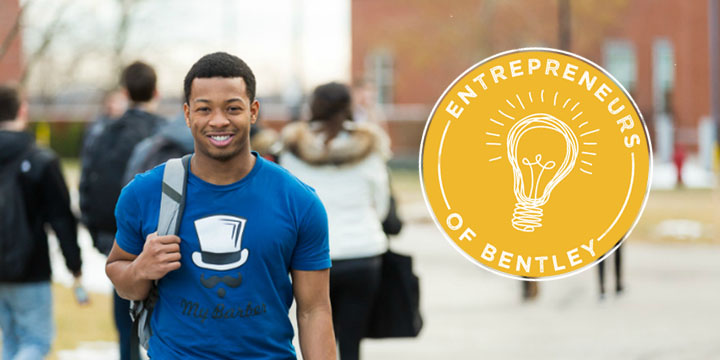 Christopher Fevry on the Bentley University campus wearing a MyBarber shirt