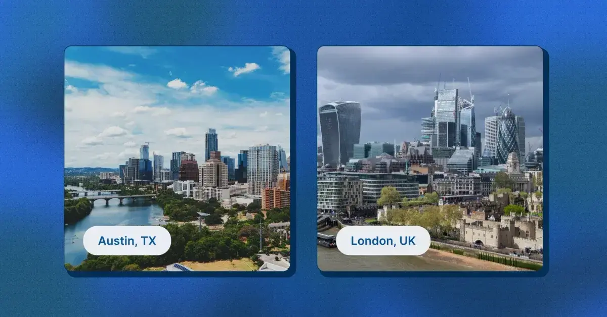 Deskpro's 2024 announcement graphic pairing the Austin and London skylines