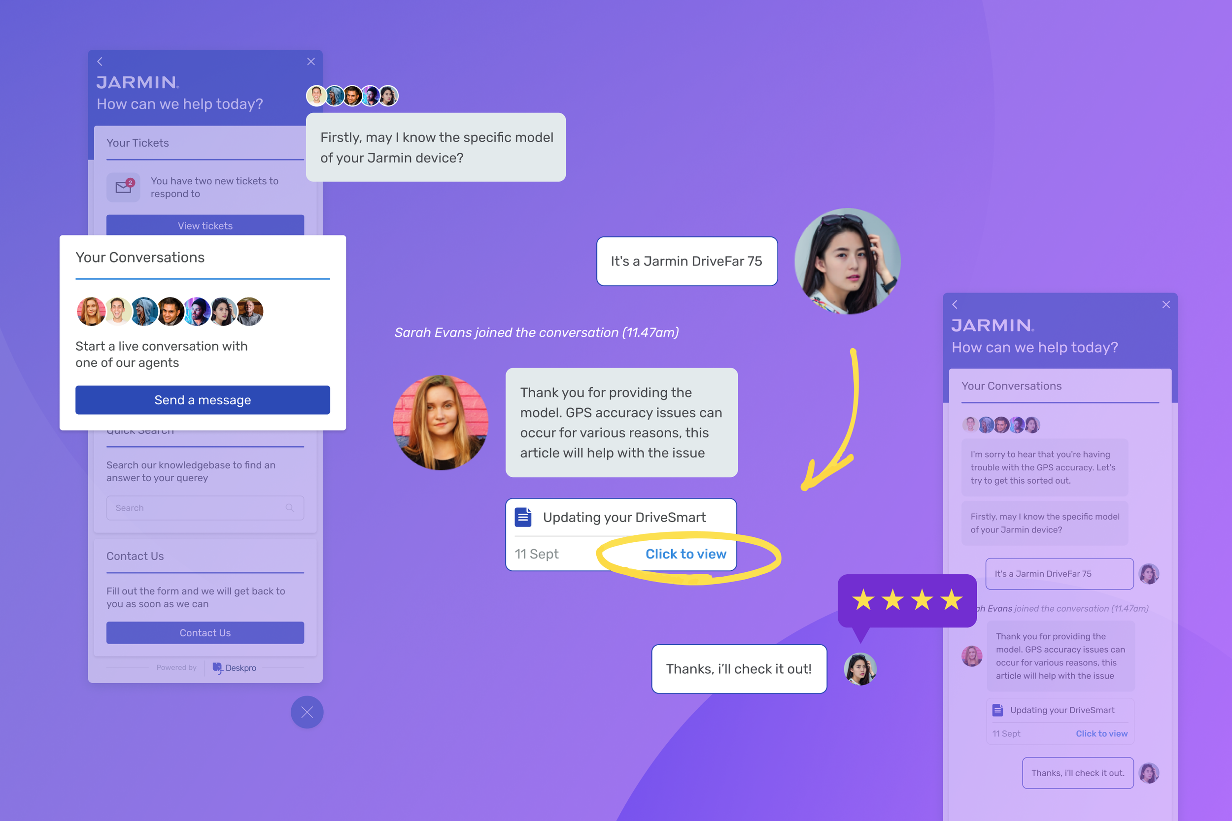 Nick Green's Deskpro Messenger design study showing conversations, ticket access and knowledge-base articles
