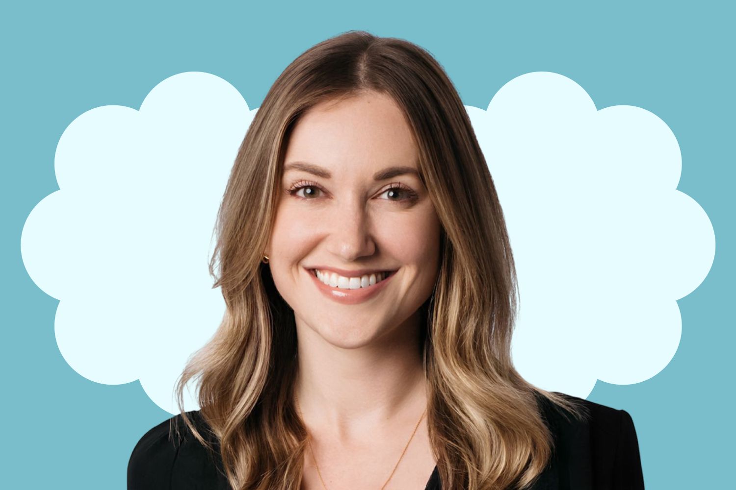 Christy Roach smiling against a blue graphic background