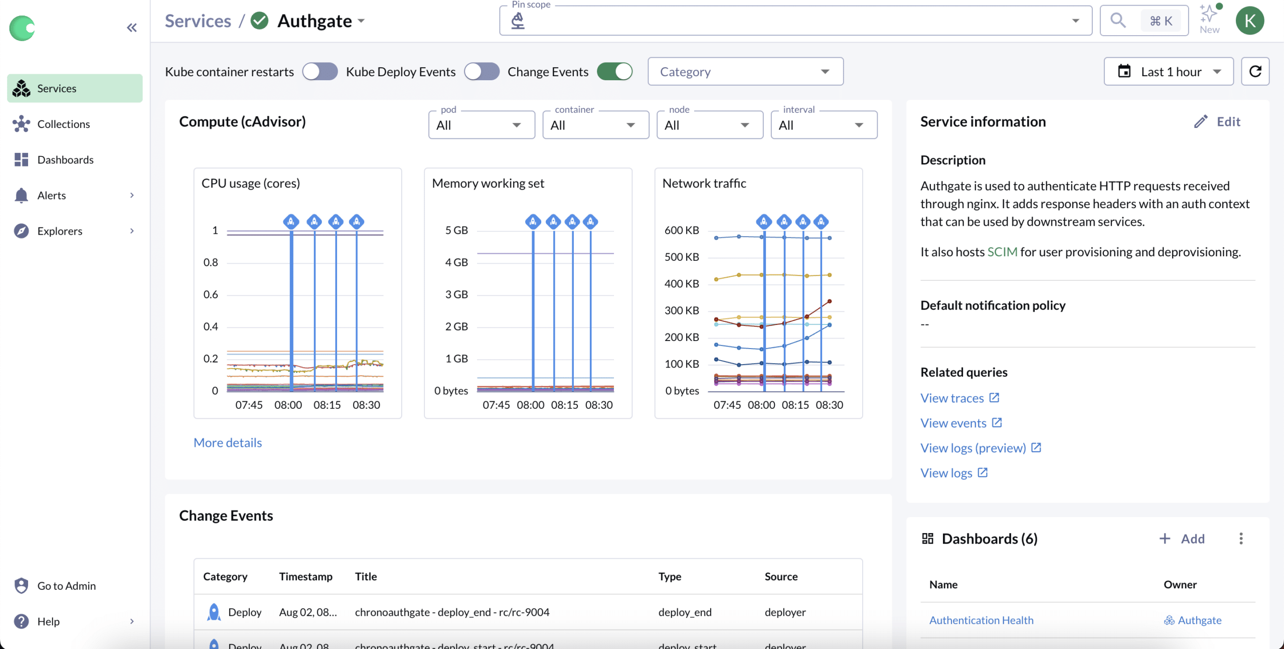 Chronosphere Lens interface displaying a service overview, charts and service details