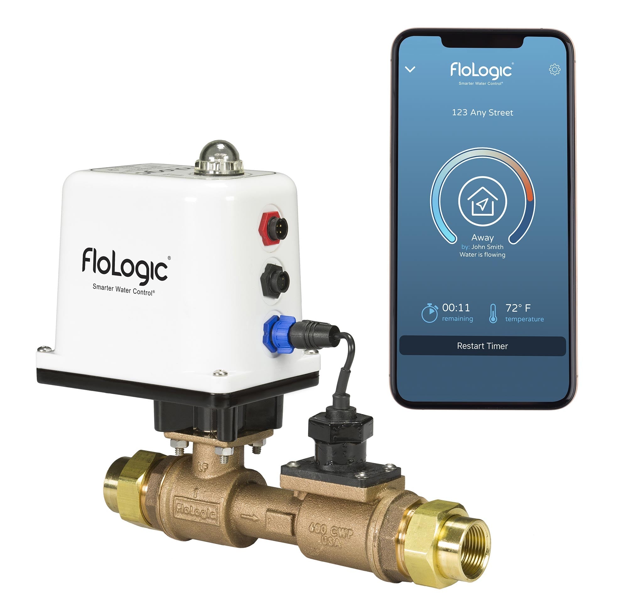 FloLogic automatic water shutoff valve beside a phone showing its control app