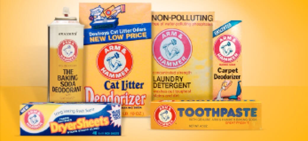 Archival ARM & HAMMER packages including laundry detergent, toothpaste, cat litter deodorizer and dryer sheets