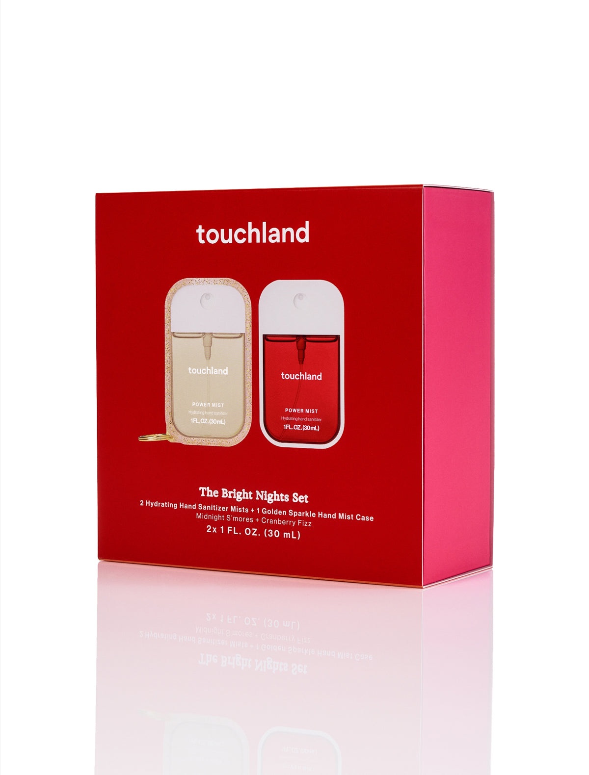 Touchland Bright Nights gift set containing two hand sanitizer mists and a case
