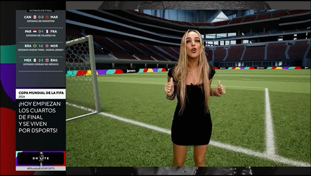 Torneos broadcast presenters in a virtual studio displaying football data