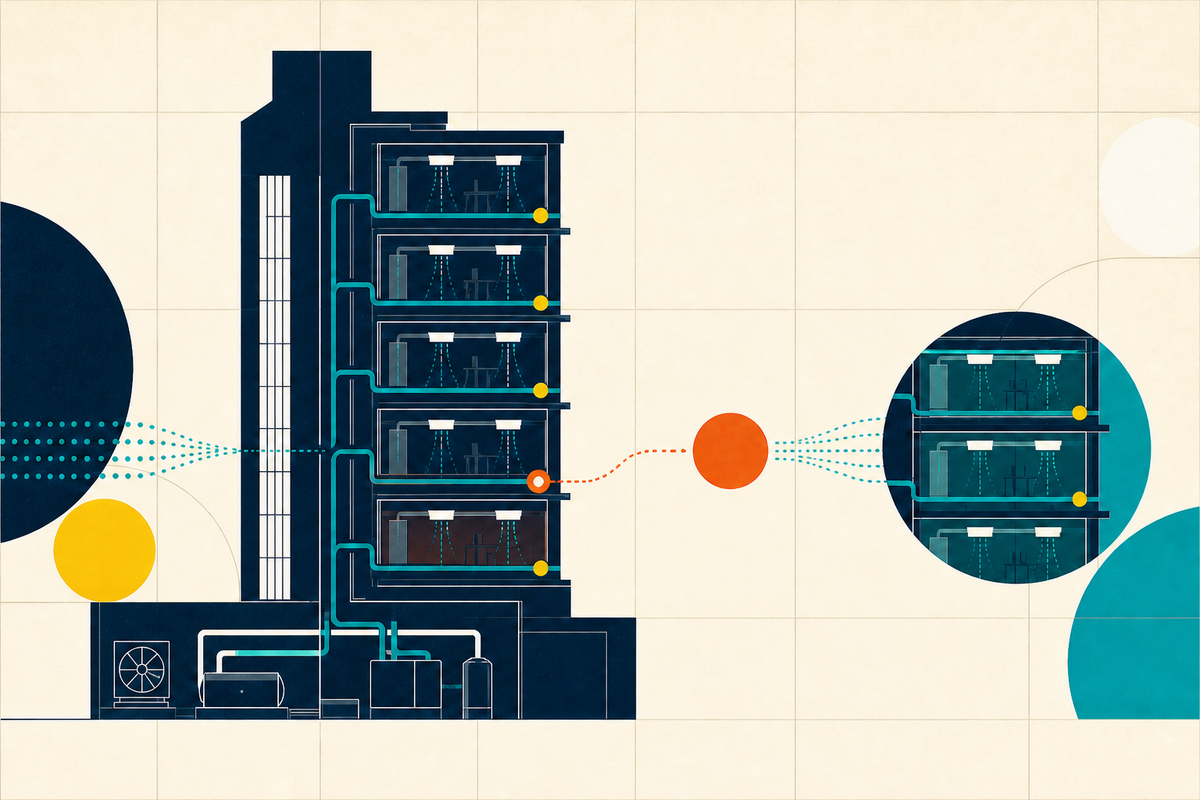 Abstract Swiss-style illustration of a building, mechanical systems and diagnostic data moving from a fault toward resolution