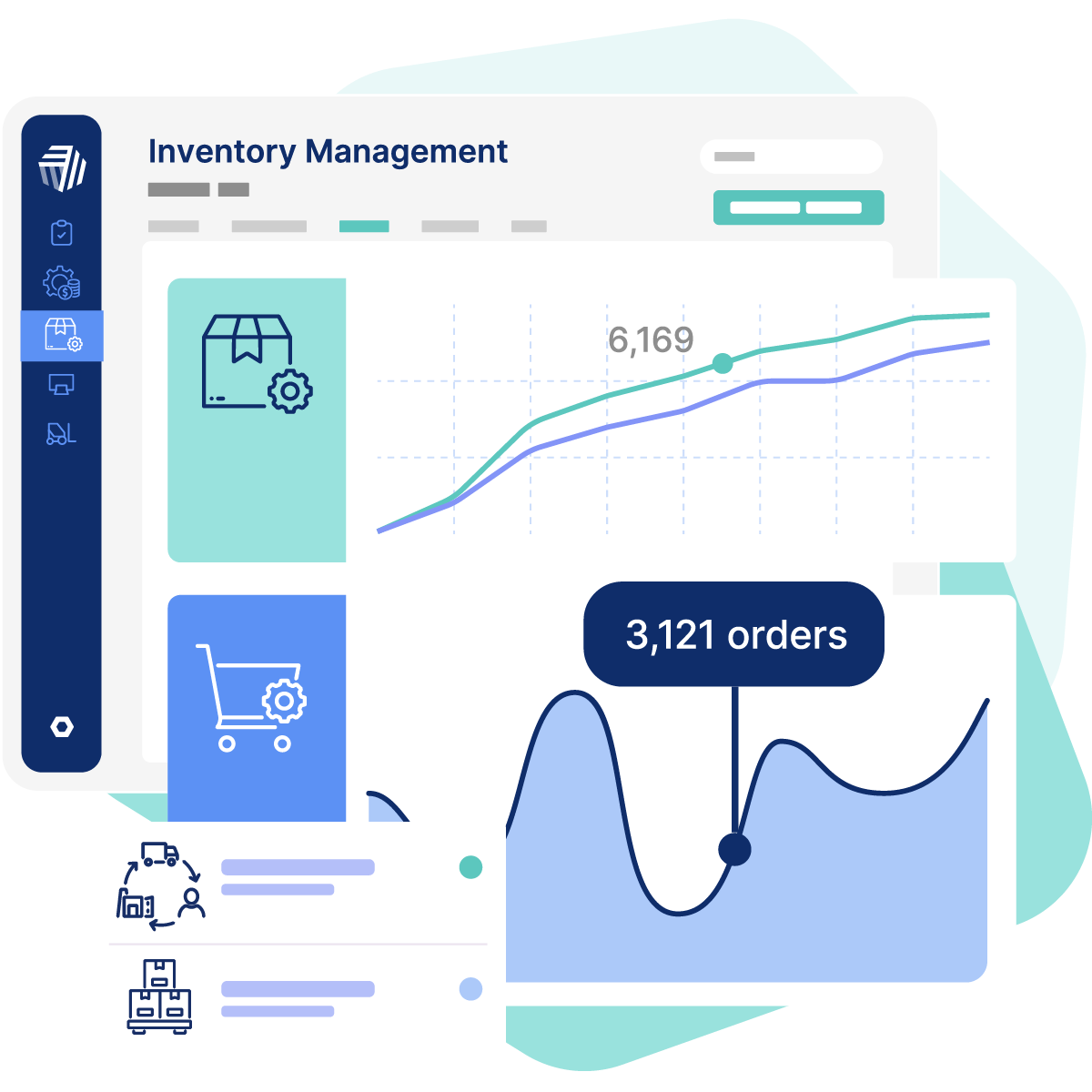 Cin7 marketing illustration combining stock, order and analytics panels