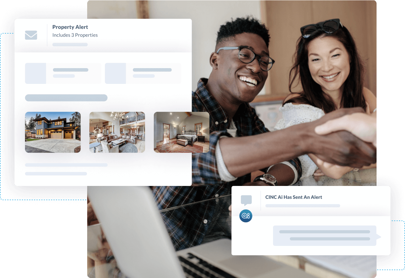 CINC marketing illustration combining home search alerts and AI notifications