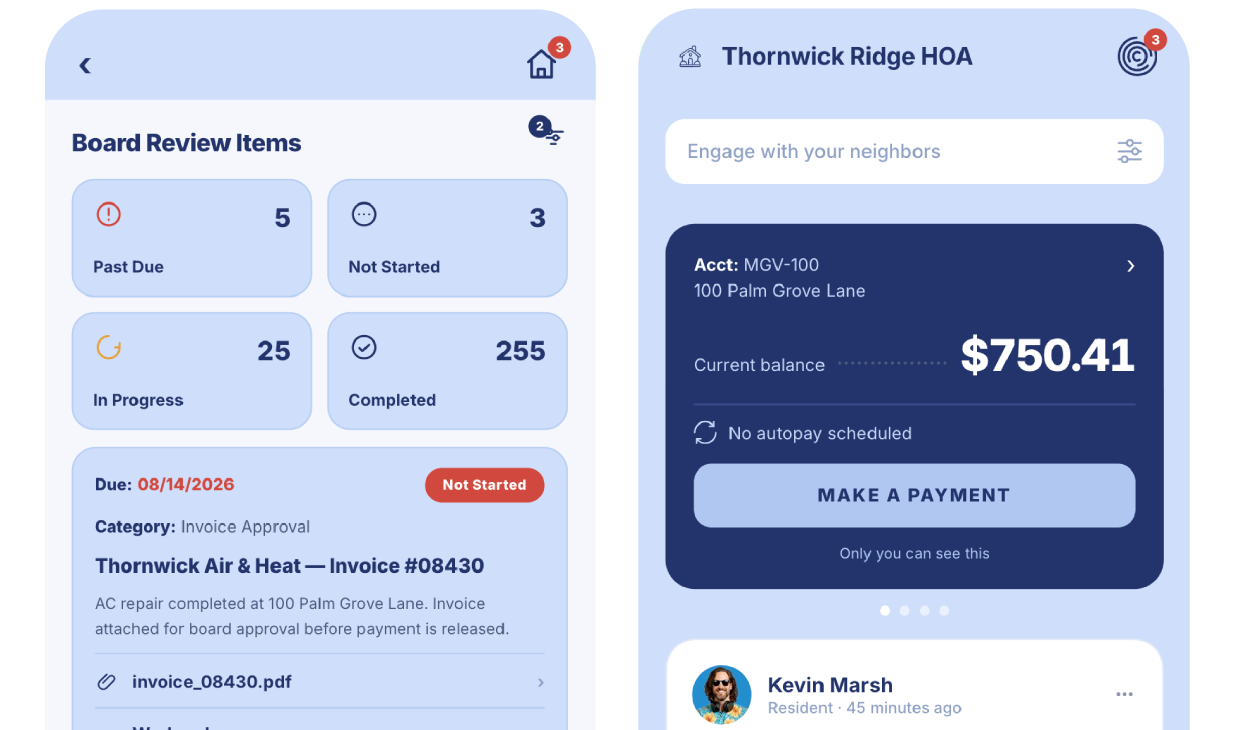 CINC product screens showing board review work and a resident payment experience