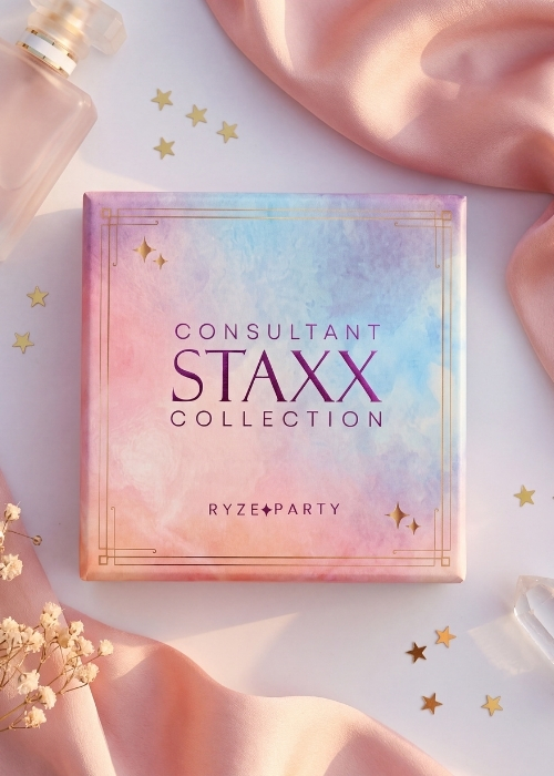 A pastel Ryze Party Consultant Staxx Collection jewelry box arranged for a product photograph