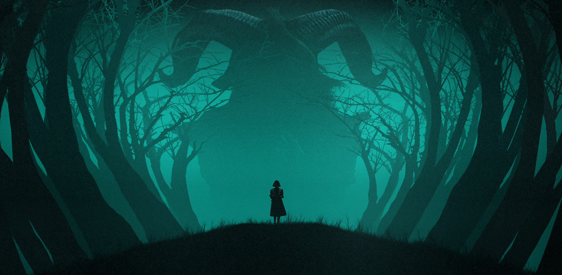 Teal anniversary artwork for Pan’s Labyrinth, showing a small figure beneath enormous branching trees