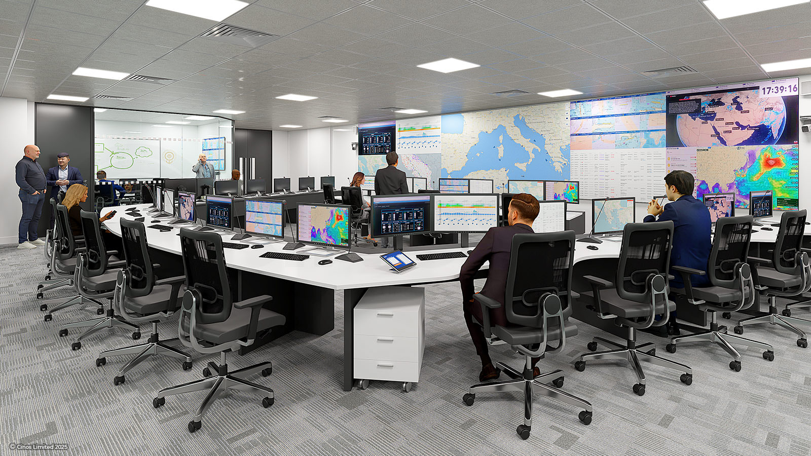 MSC maritime control room with operators, desktop monitors and a large wall displaying maps and weather information