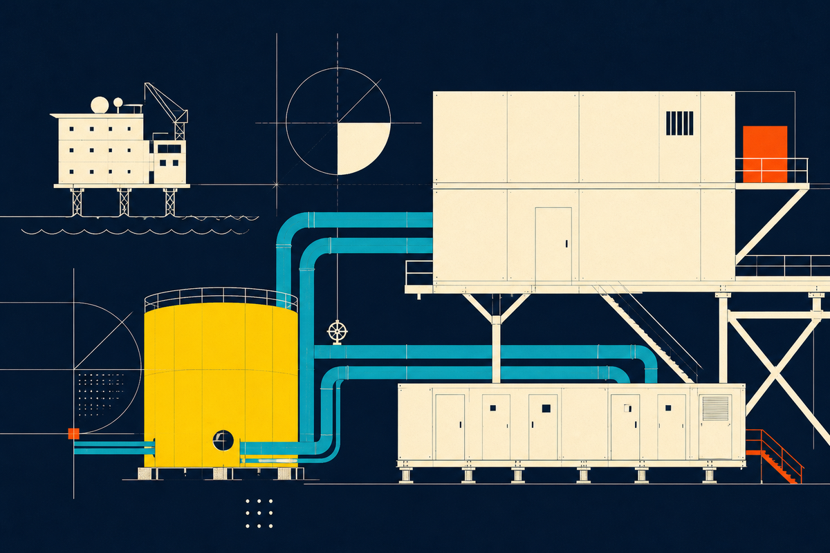 Geometric illustration of modular industrial buildings, a thermal storage tank, offshore structures and connecting pipes