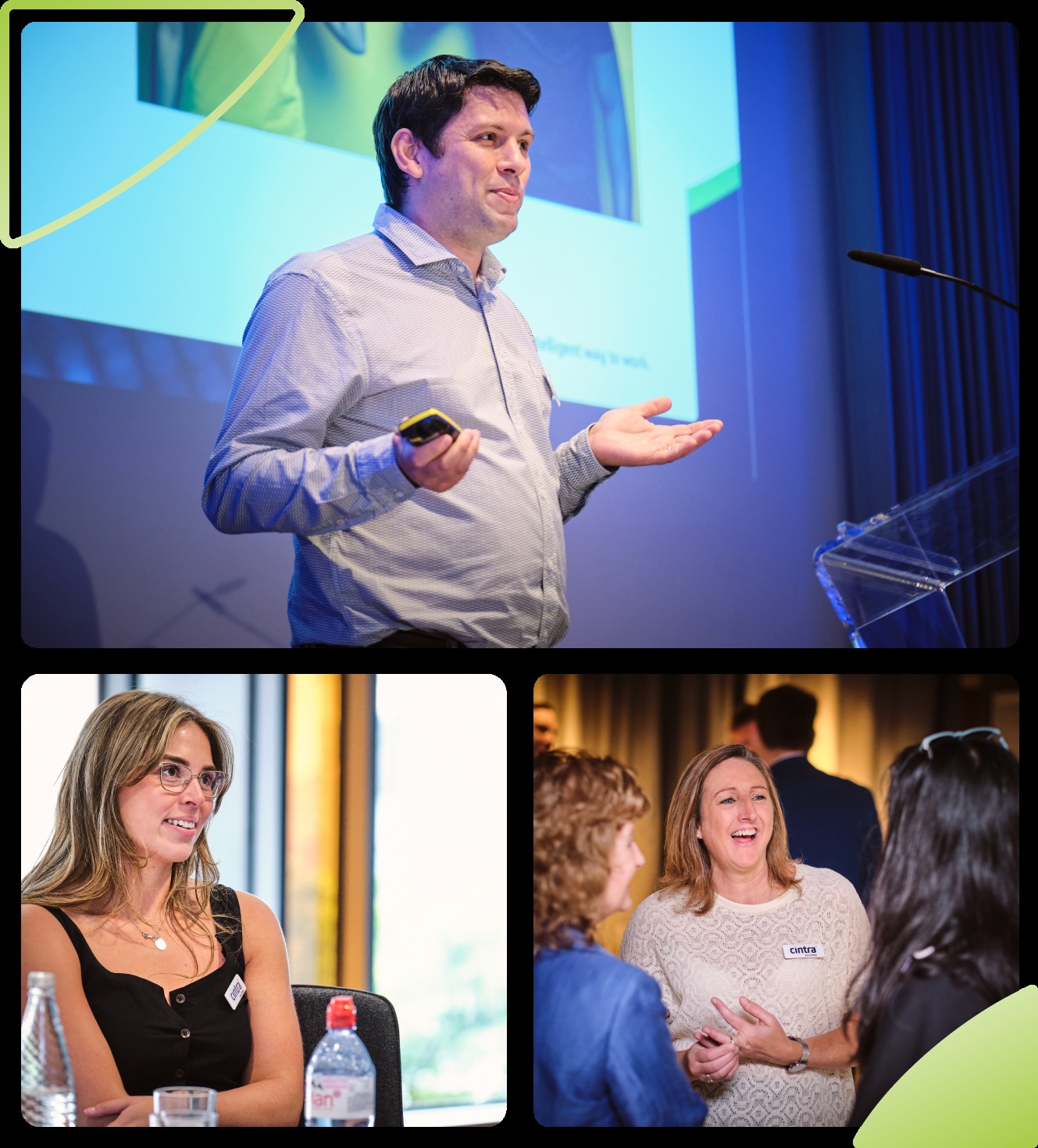 Cintra conference collage showing a presenter, a panellist and attendees talking