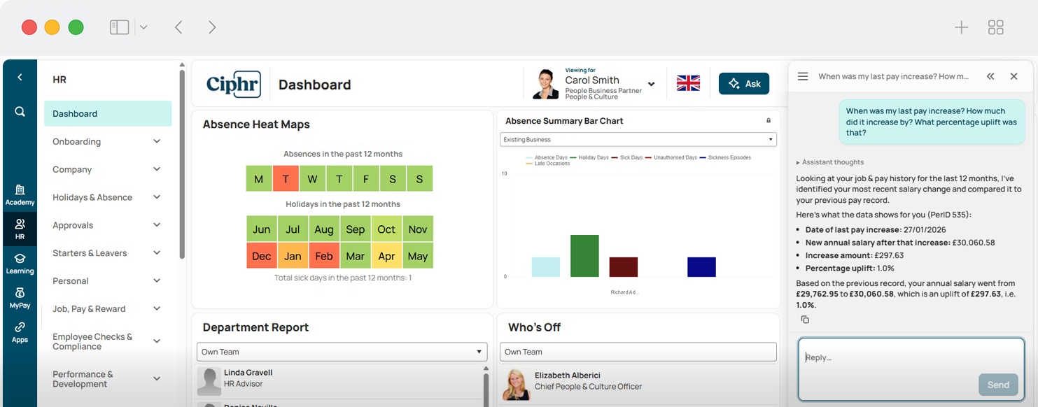 Ciphr product dashboard showing its employee-management interface