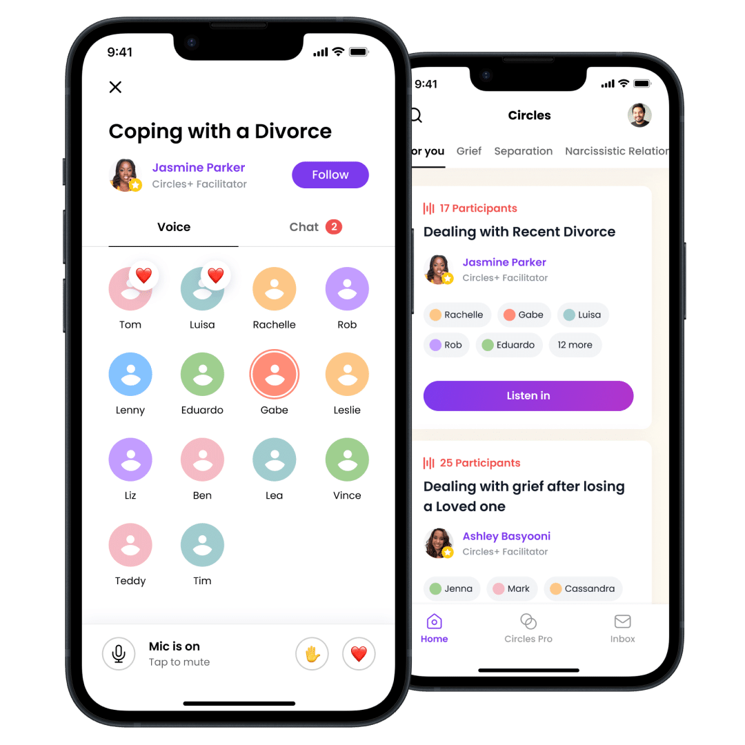 Screens of the Circles app showing a live divorce-support voice circle and a list of grief and separation groups