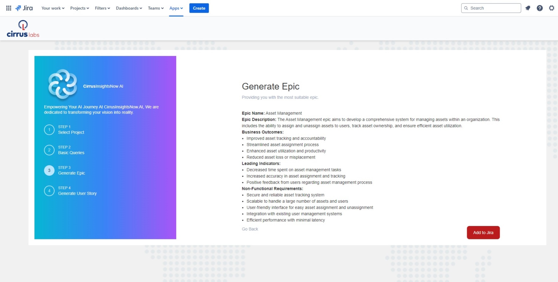 CirrusInsightsNow.AI interface showing generated epic content and an option to add it to Jira