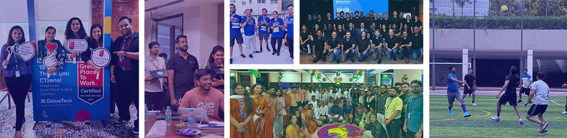A montage of CitiusTech employees learning, celebrating, playing football and marking Great Place To Work certification