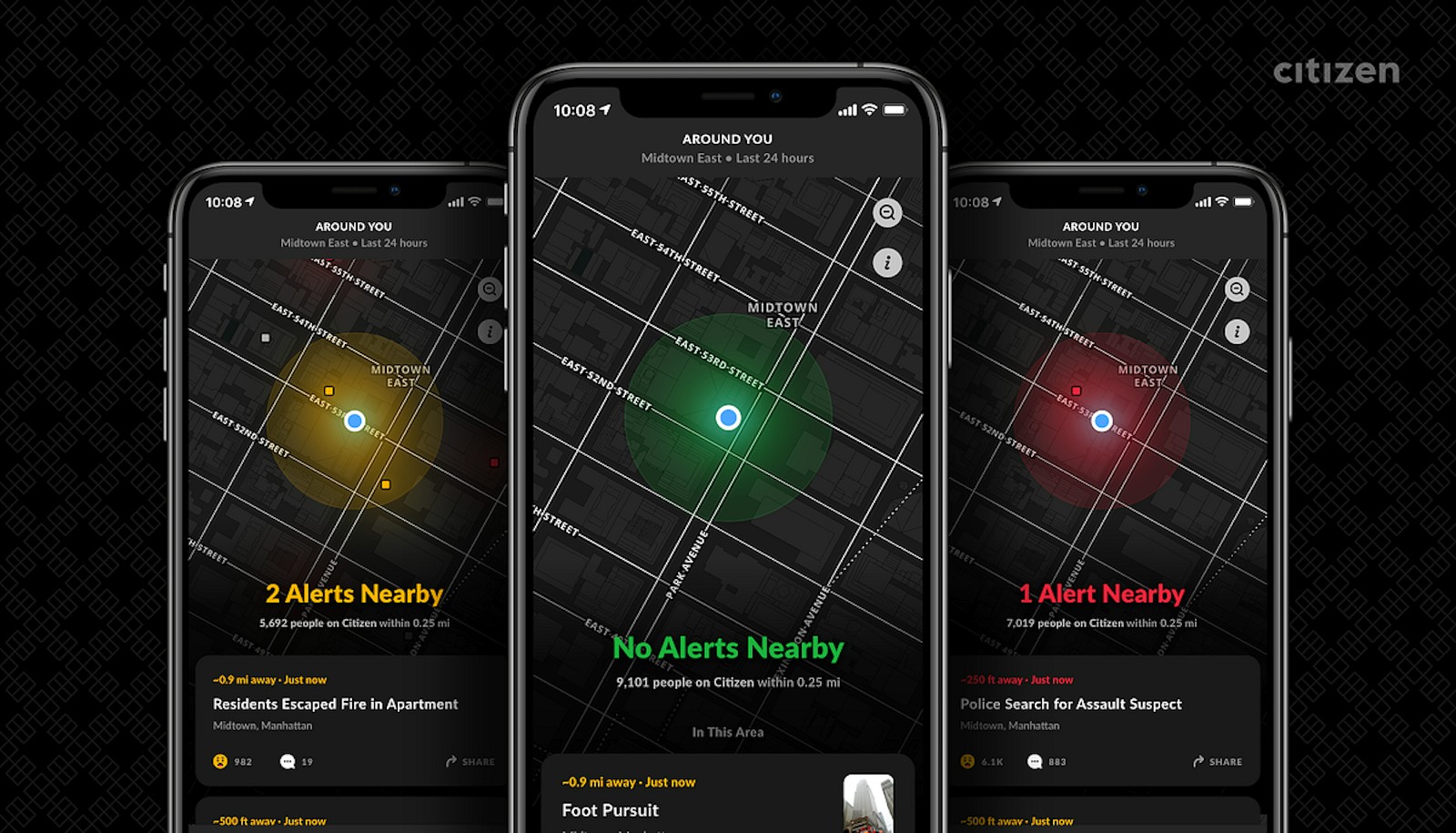 Historical Citizen app screens showing nearby incident maps and alerts