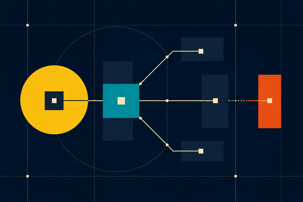 Abstract Swiss-style geometry showing assets flowing through a central financial hub