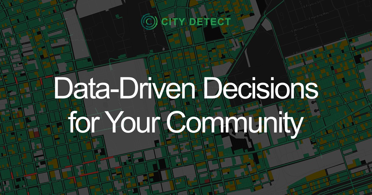 City Detect branded map showing color-coded parcels across a city grid