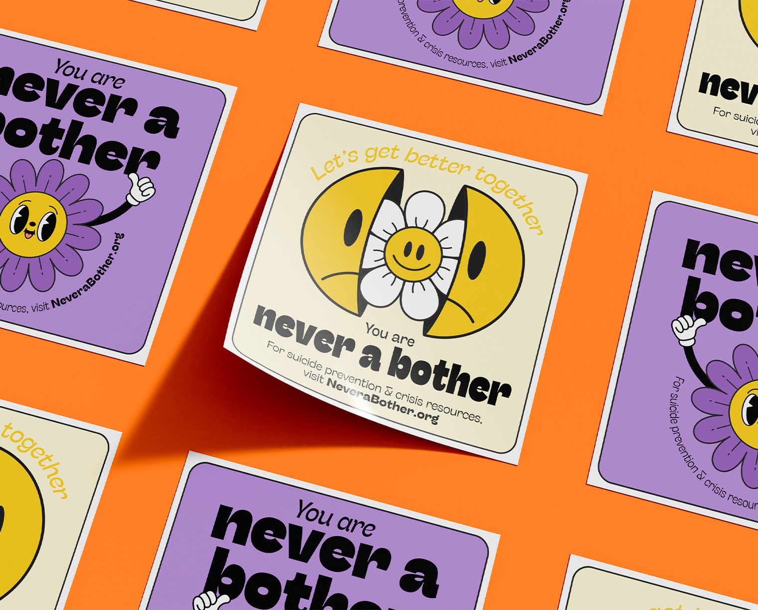 Never a Bother campaign stickers with expressive flower characters on orange, lavender, and cream backgrounds