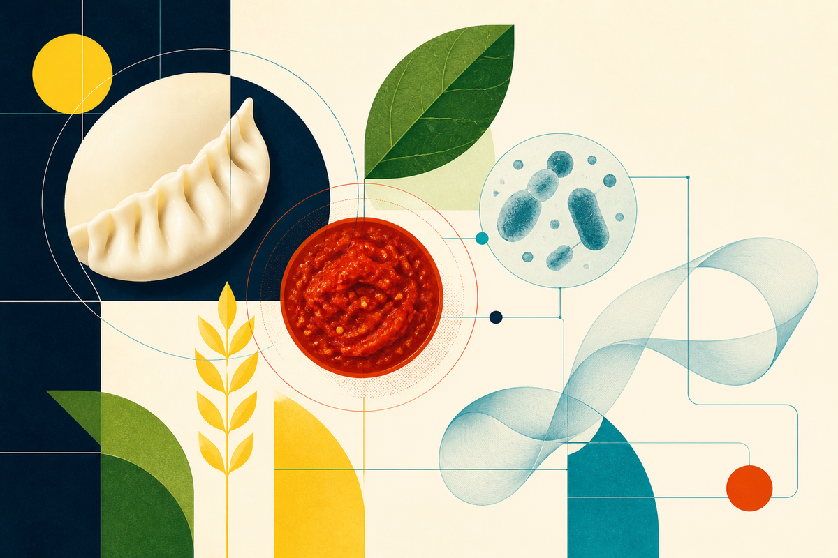 Abstract Swiss-style composition connecting a dumpling, fermented pepper, microbes, leaves and a flowing biomaterial ribbon