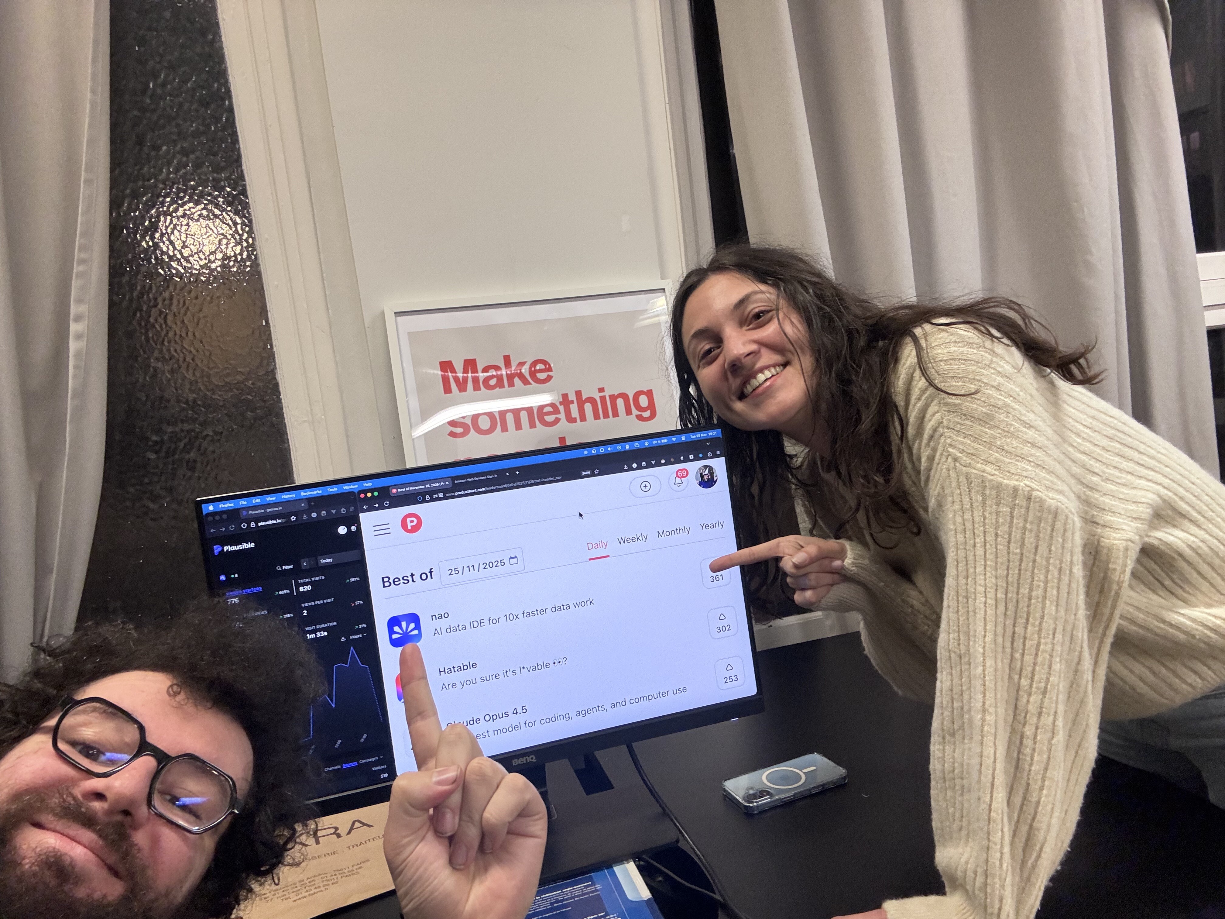 Claire Gouze and Christophe Blefari point at nao's Product Hunt ranking on a monitor after launch