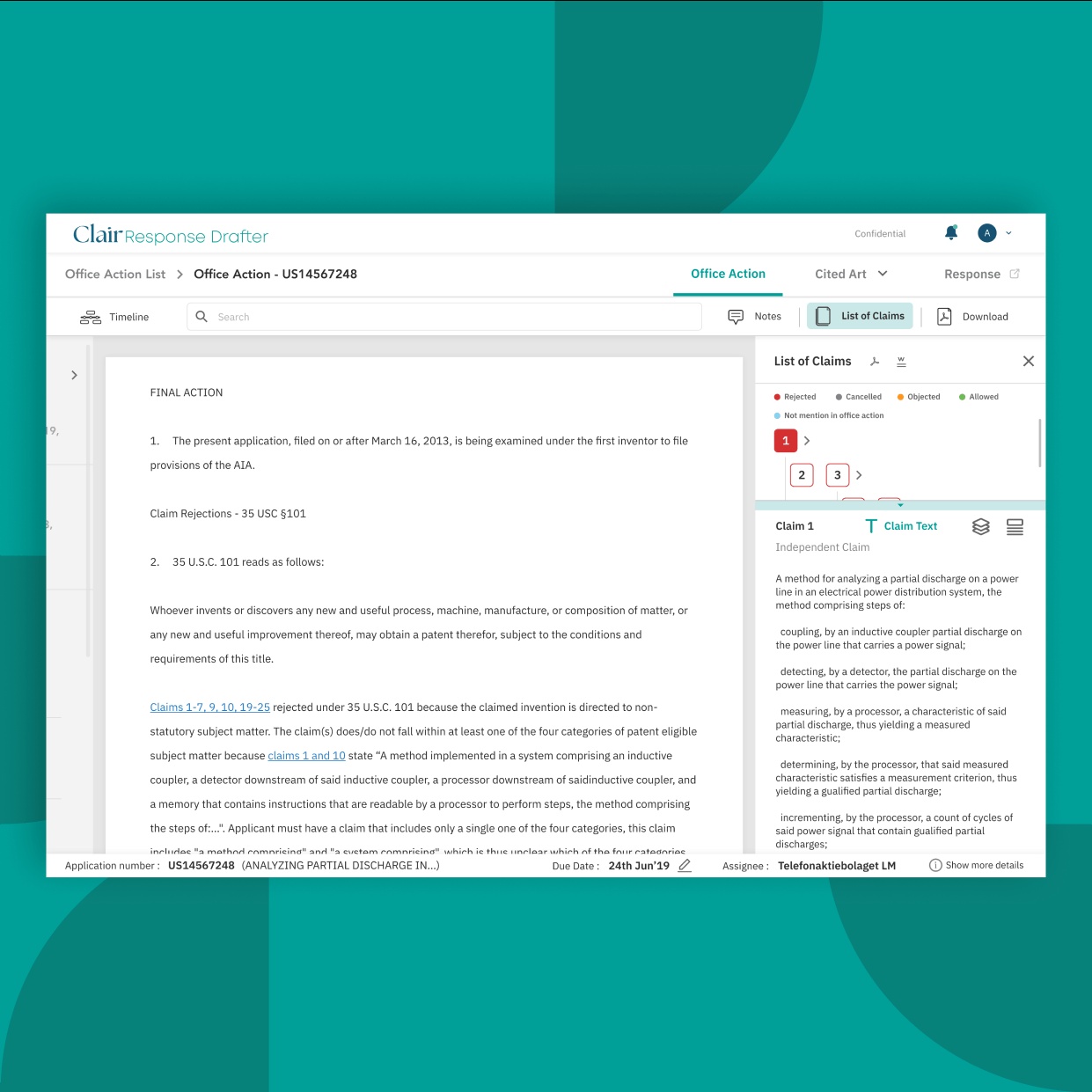 Clair Response Drafter product screenshot showing guided reading, prior-art text and comparison panels