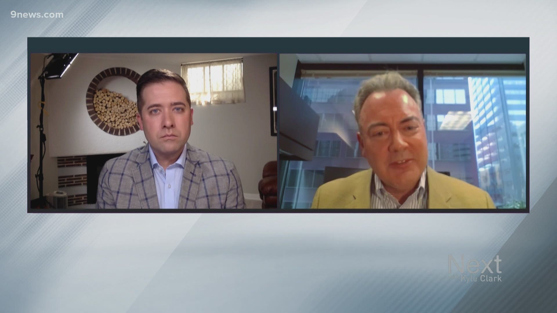 A split-screen television interview about the launch of the Denver Gazette