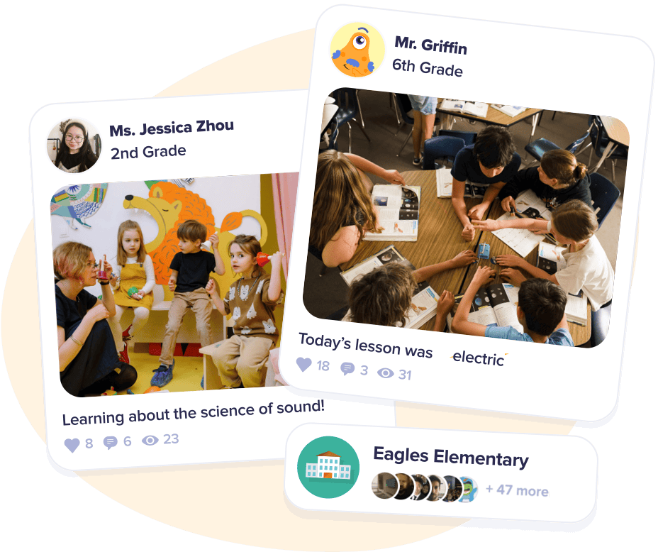 ClassDojo illustration showing classroom photos in a private Class Stories feed